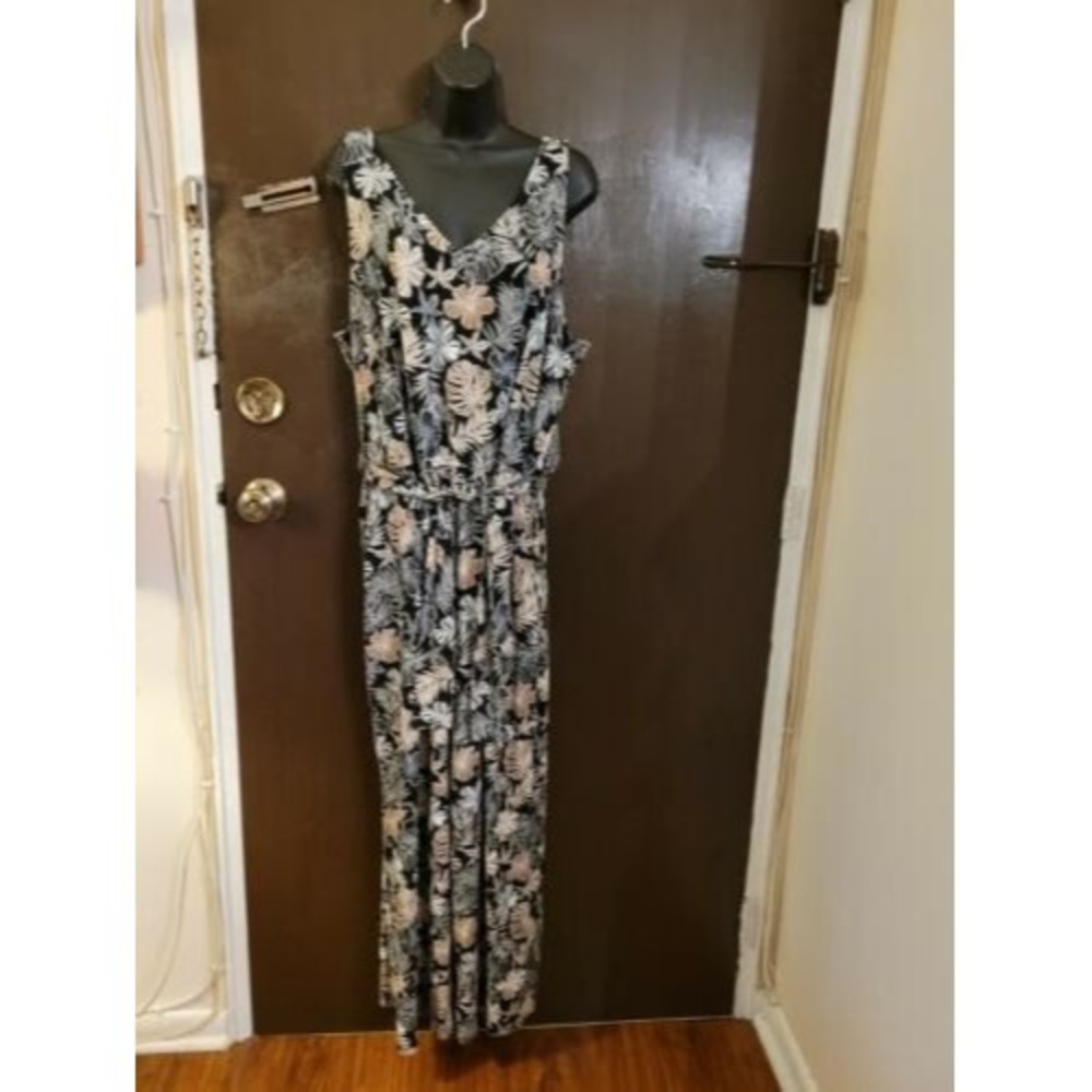 J Jill Wearever Print Jumpsuit Size XL Shirred Back Floral Tropical